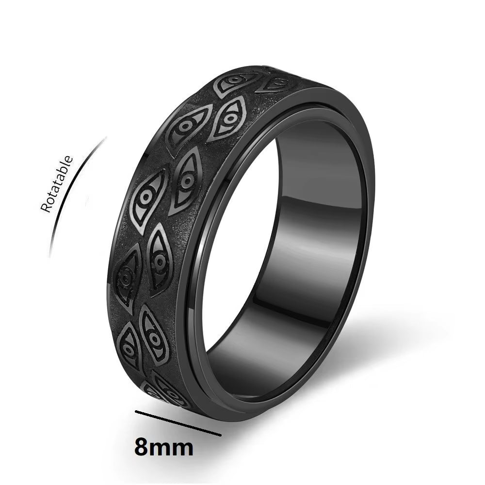 Anti Stress Stainless Steel Spinner Rings for Men Carved Demon Eye Rotatable Fidget Anxiety Joint Ring Jewelry Bague Homme