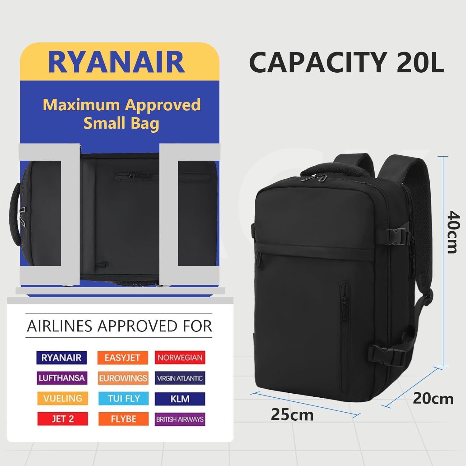 Mochila Viaje Cabina Avion 40X20X25 Para Ryanair - Ordenador Portátil 14 Pulgadas Maletas De Cabina Pequeña 20L Equipaje De Mano Con Puerto De Carga USB Para Negocios Y Ocio - Negro