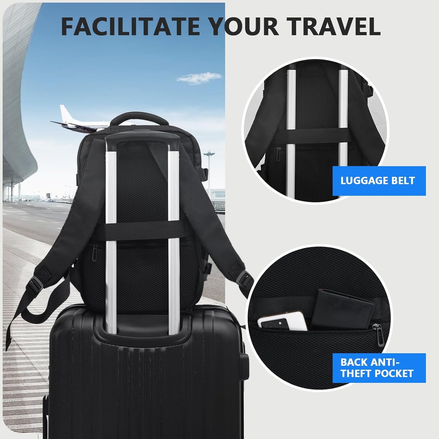 Mochila Viaje Cabina Avion 40X20X25 Para Ryanair - Ordenador Portátil 14 Pulgadas Maletas De Cabina Pequeña 20L Equipaje De Mano Con Puerto De Carga USB Para Negocios Y Ocio - Negro