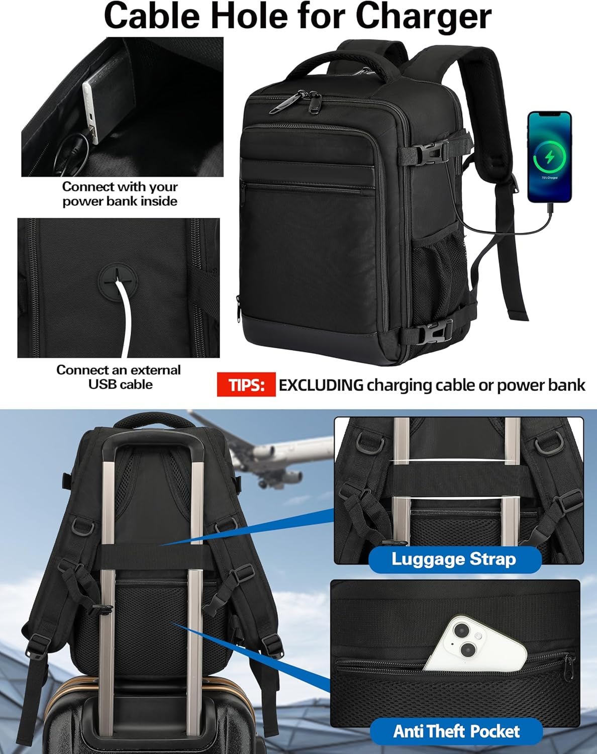 KLOSTAIN Mochila Viaje Cabina Avion 40X20X25 Para Ryanair 20L Mochila Cabina Equipaje De Mano Bolso Viaje Hombre Mujer Mochilas Para Portatil De 14 Pulgadas Mochila De Trabajo Escuela Negro